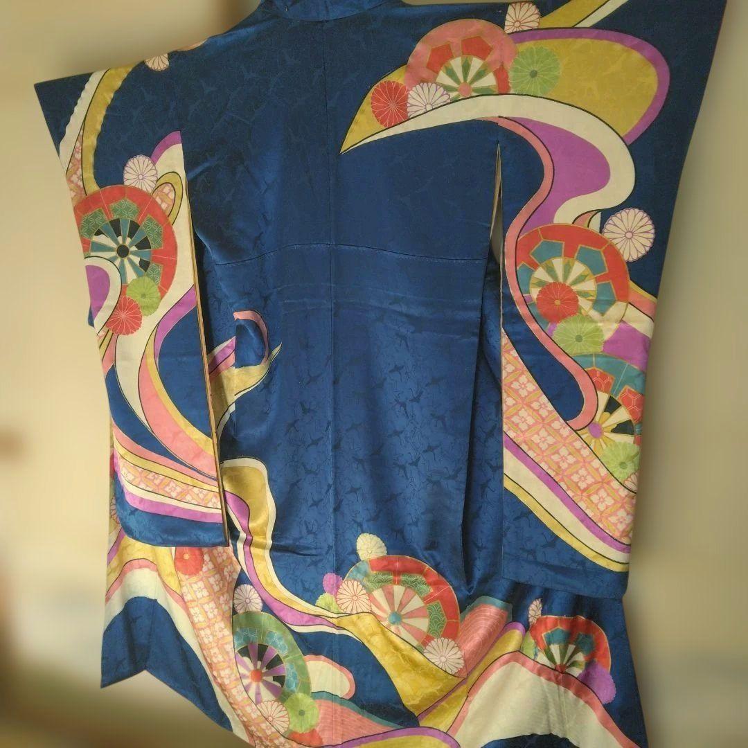 昭和レトロお誂え振袖　群青色　群馬桐生　手染め　正絹　ヴィンテージ着物