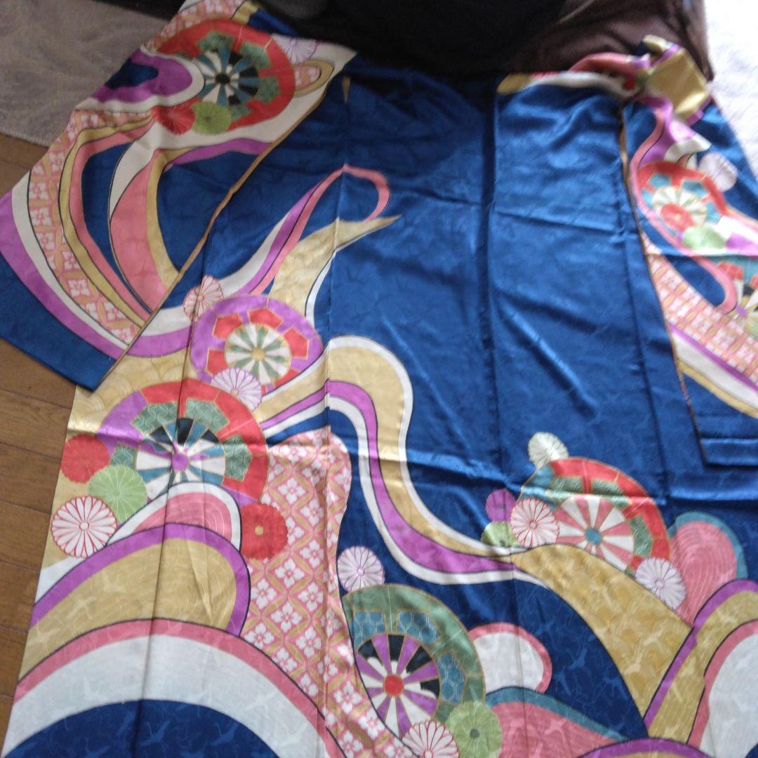 昭和レトロお誂え振袖　群青色　群馬桐生　手染め　正絹　ヴィンテージ着物