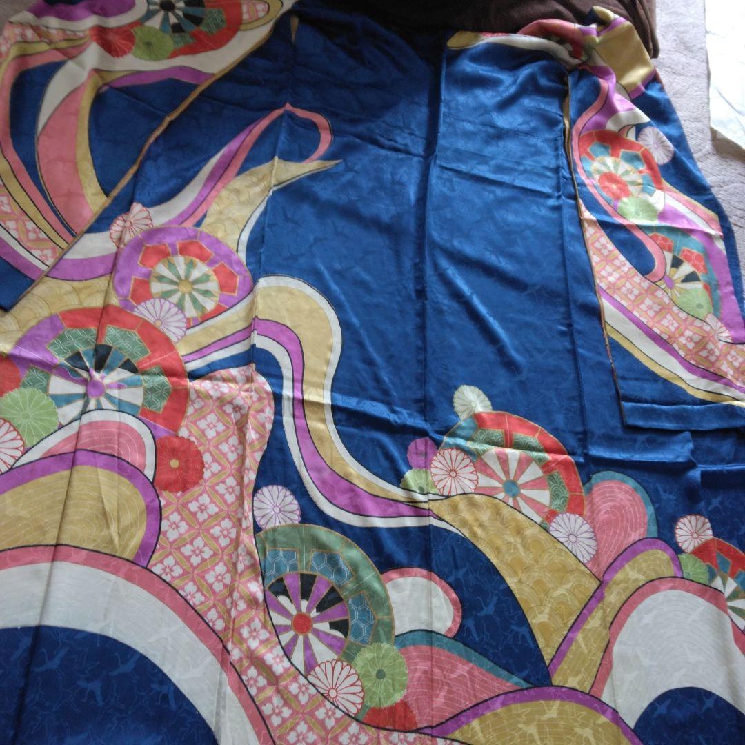 昭和レトロお誂え振袖　群青色　群馬桐生　手染め　正絹　ヴィンテージ着物