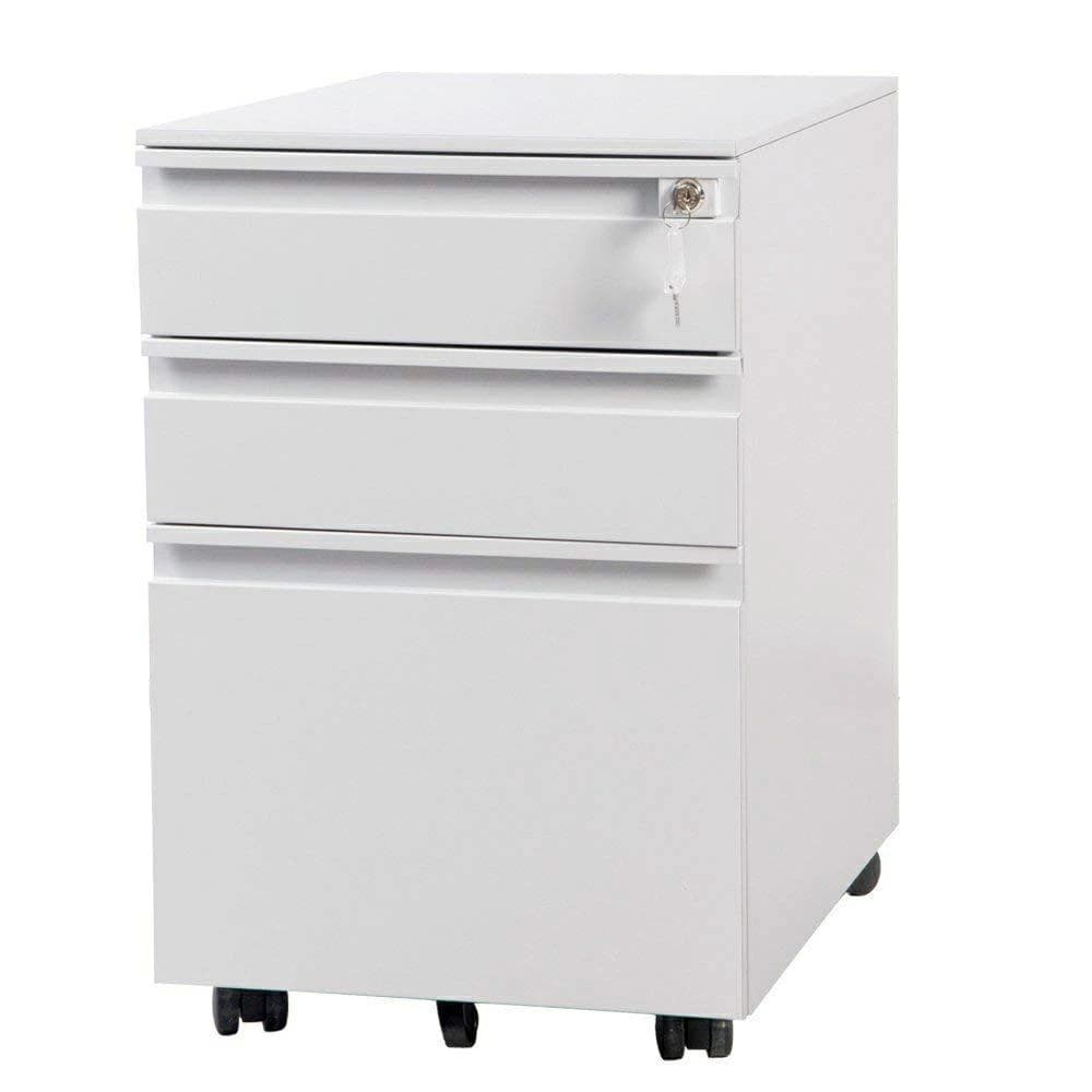 超人気！オフィスワゴン3段組立て不要 キャスター付き 鍵付き60cm（ホワイト）