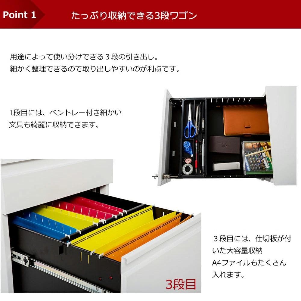 超人気！オフィスワゴン3段組立て不要 キャスター付き 鍵付き60cm（ホワイト）