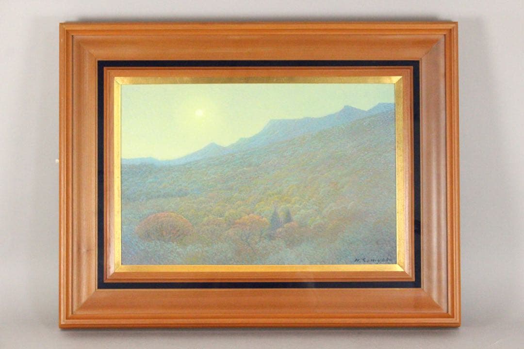 No4425 額装　住吉久志「紅葉の寒霞渓」油彩画　P6号　畳箱付　送料無料