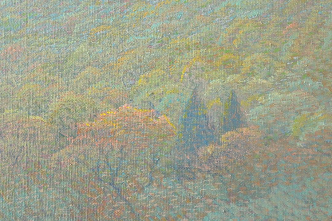 No4425 額装　住吉久志「紅葉の寒霞渓」油彩画　P6号　畳箱付　送料無料