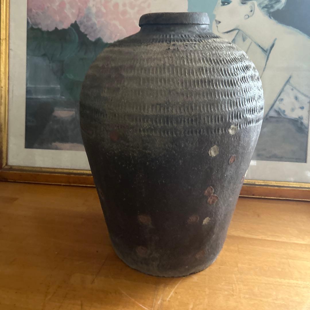 神楽焼　大壺　骨董品　ブロンズ色陶器の大きめの壺