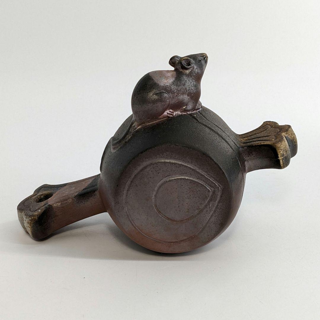 岡山県重要無形文化財 松井與之 備前焼 干支子置物 共箱共布栞 打ち出の小槌