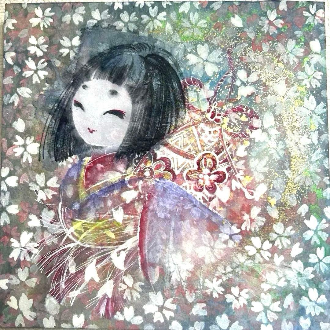 吉祥日本画「金箔入り　座敷わらし　手毬梵天」幸福の座敷童子