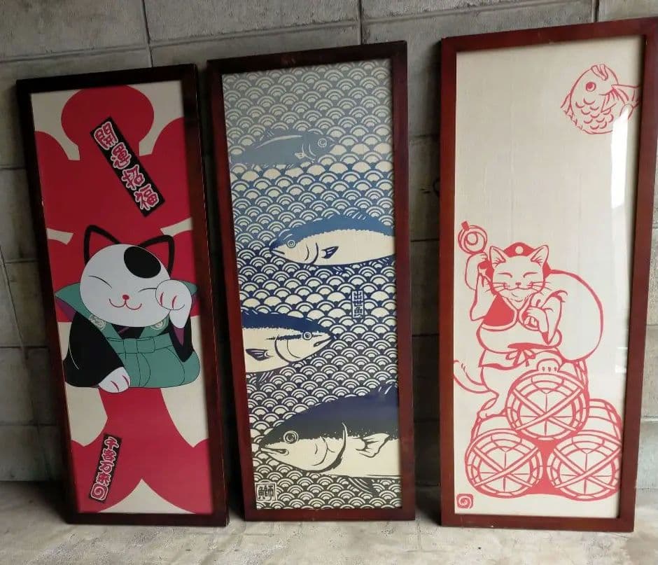 昭和レトロ　招き猫 猫と魚のデザインのアートパネル 3点セット