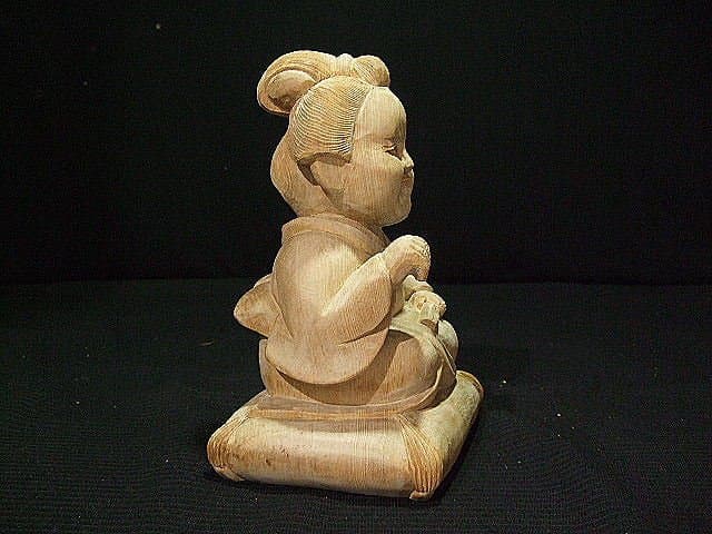 【お福さん】桧　山車、木彫り彫刻　高さ25ｃｍ