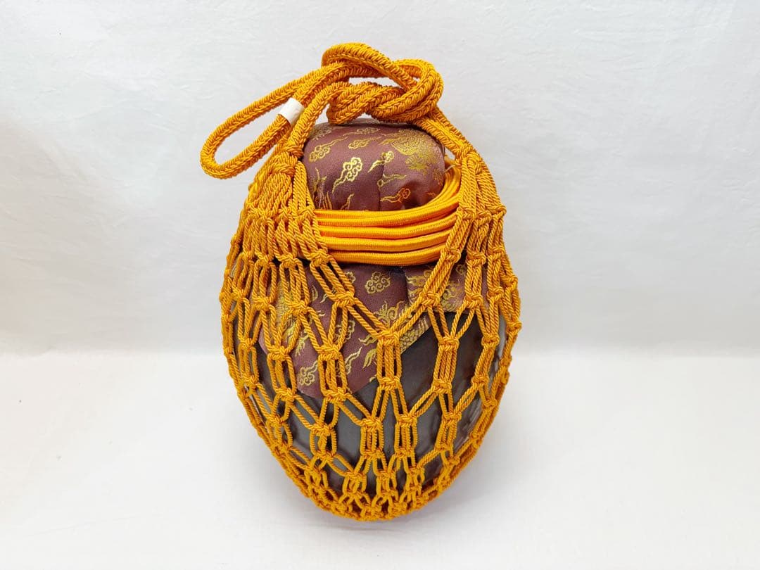 未使用 茶道具 信水窯 丹波焼 茶壺 飾壺 絹 飾網紐付 四つ耳壷 陶印陶印共箱