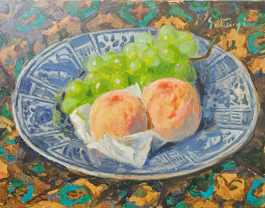 【真筆保証❗】示現会会員　辻新平 筆　油彩　果物　F6キャンバス　銀彩　額装