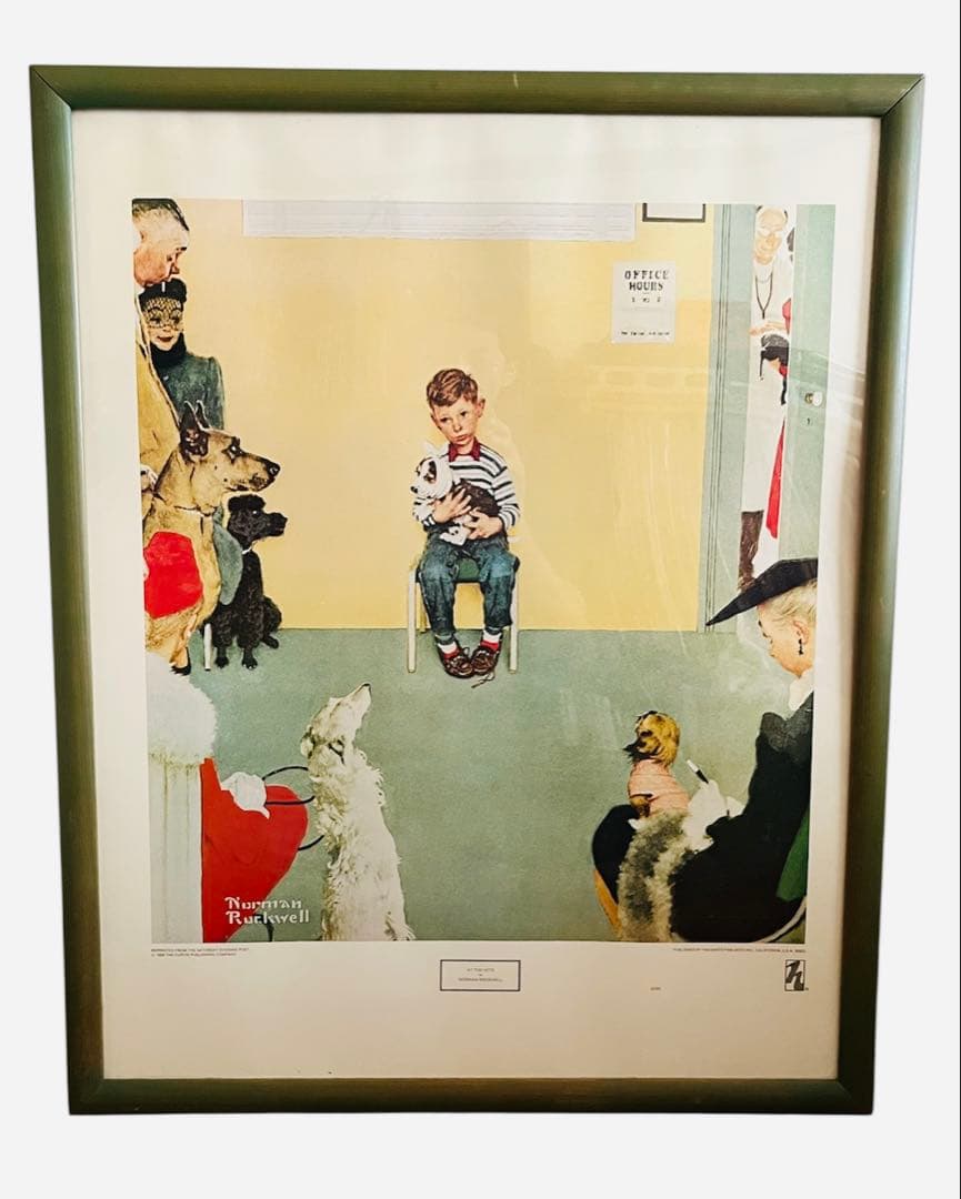 80s ビンテージ ポスター 額装 ノーマンロックウェル 動物病院の待合室