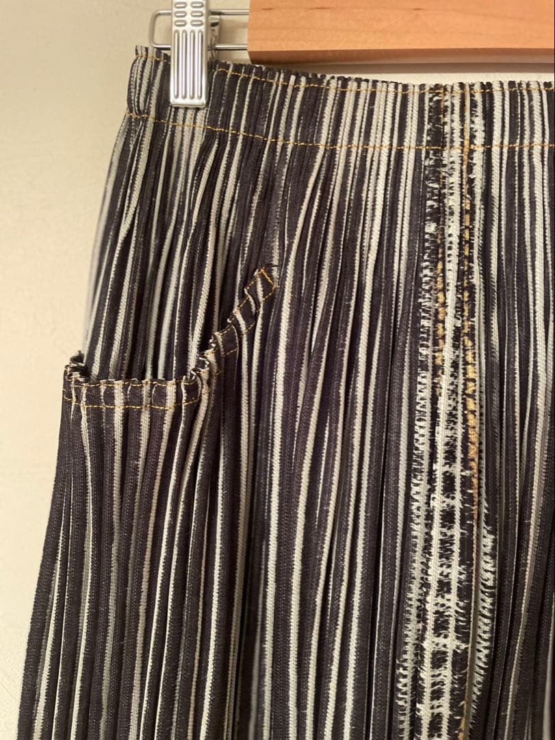 イッセイミヤケプリーツプリーズ デニム転写プリント　プリーツスカート