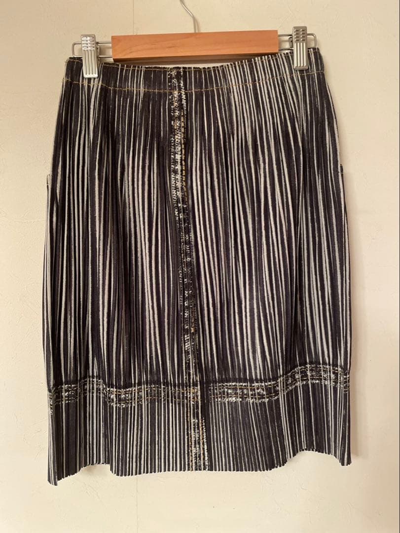 イッセイミヤケプリーツプリーズ デニム転写プリント　プリーツスカート