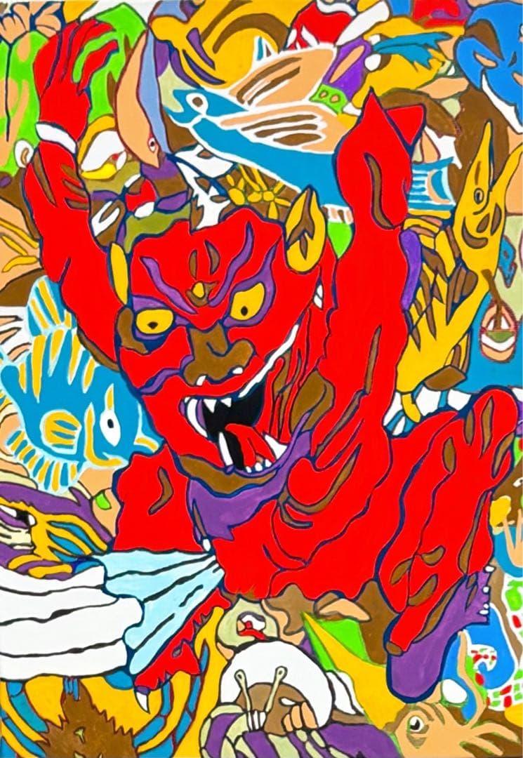 【F4号】手描き油彩　ジミー大西【鬼】1998年　サイン　落款　額縁　人気作品