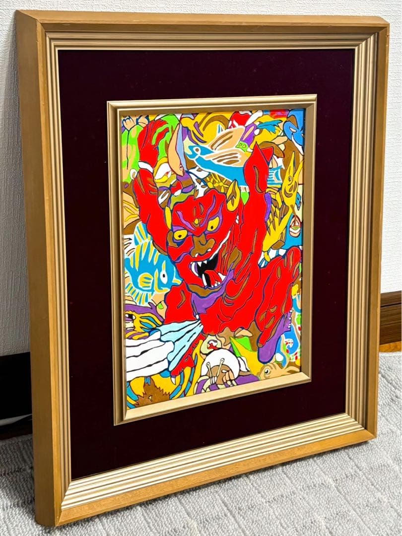 【F4号】手描き油彩　ジミー大西【鬼】1998年　サイン　落款　額縁　人気作品