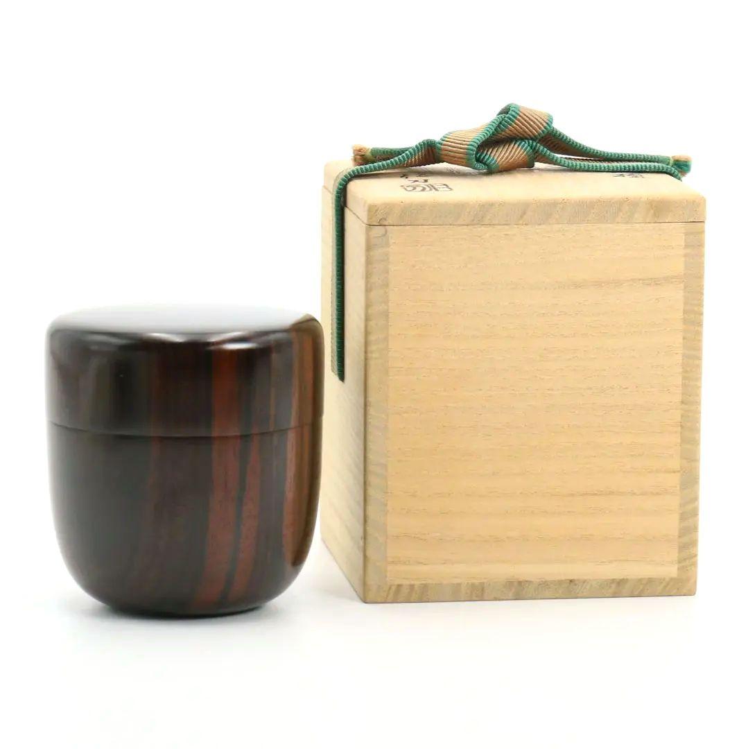 仁刀作 摺漆縞黒檀 中棗 茶道具 共箱共布　V817　N1