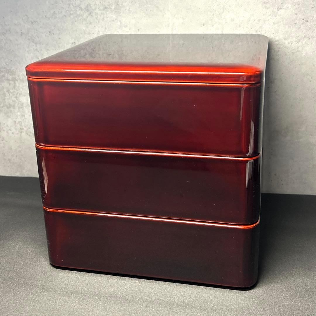 会津塗　三段重　重箱　漆器　溜め塗り6.5寸　内黒