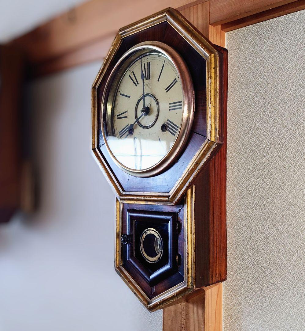 〈OH済完動・美品〉高野時計製造所旗印　金箔八角ゼンマイ振り子時計　アンティーク