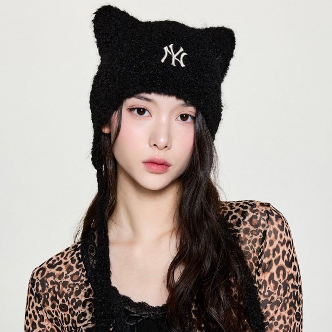 韓国　MLB korea 猫耳　ニット帽　紐付き　ブラック