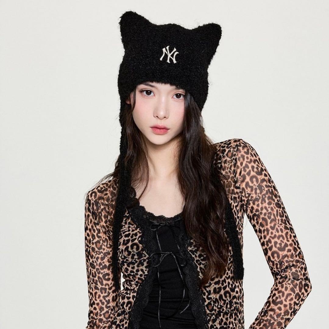 韓国　MLB korea 猫耳　ニット帽　紐付き　ブラック