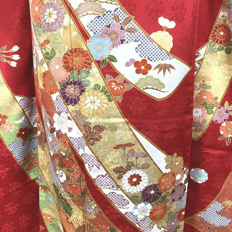 506z6〇京都きもの友禅 高身長な方 振袖 地紋 金彩 金駒刺繍 赤〇成人式