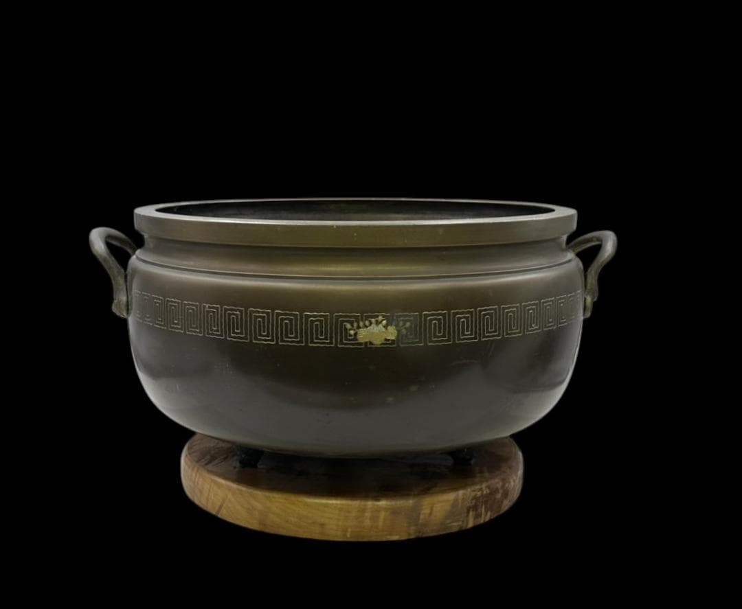 横幅-約50㎝ 高さ-約28㎝ 大きな 銅製 火鉢 象嵌 家紋 骨董 古玩