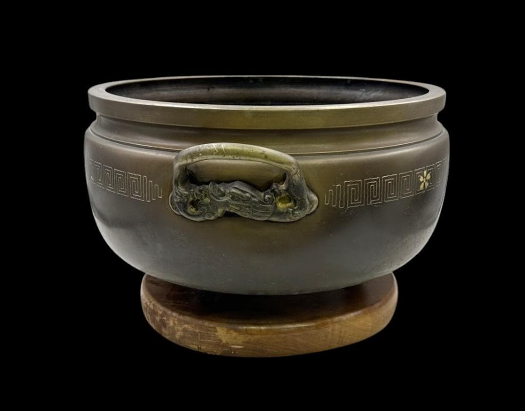 横幅-約50㎝ 高さ-約28㎝ 大きな 銅製 火鉢 象嵌 家紋 骨董 古玩