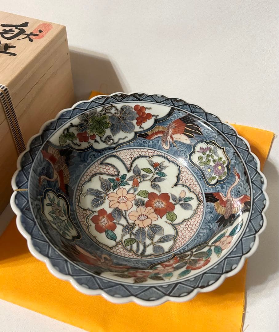 献上手染錦 お鉢 伊万里焼 福右衛門 鉢 茶道具 菓子鉢 鶴 縁起 寿 金継ぎ