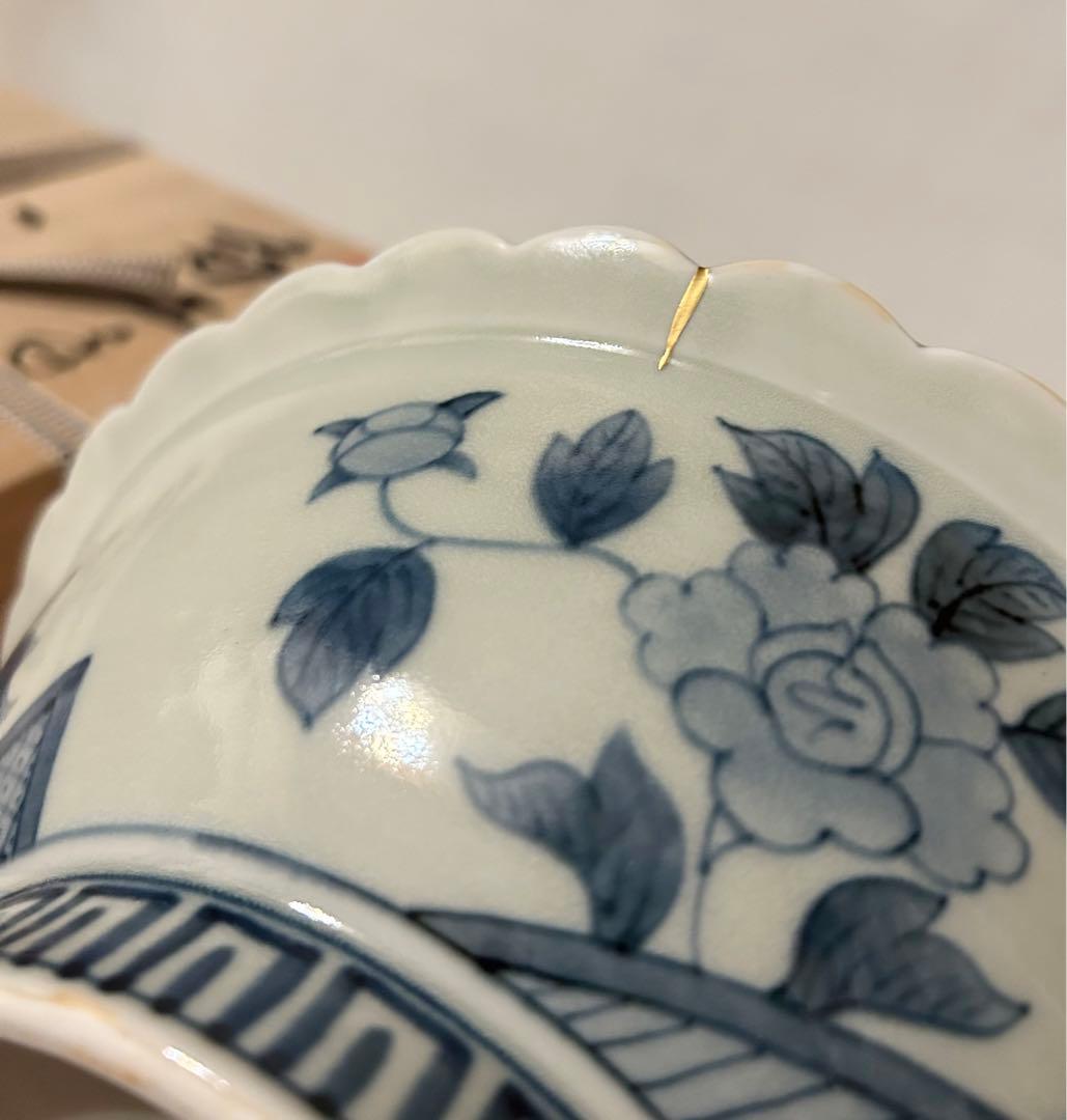 献上手染錦 お鉢 伊万里焼 福右衛門 鉢 茶道具 菓子鉢 鶴 縁起 寿 金継ぎ