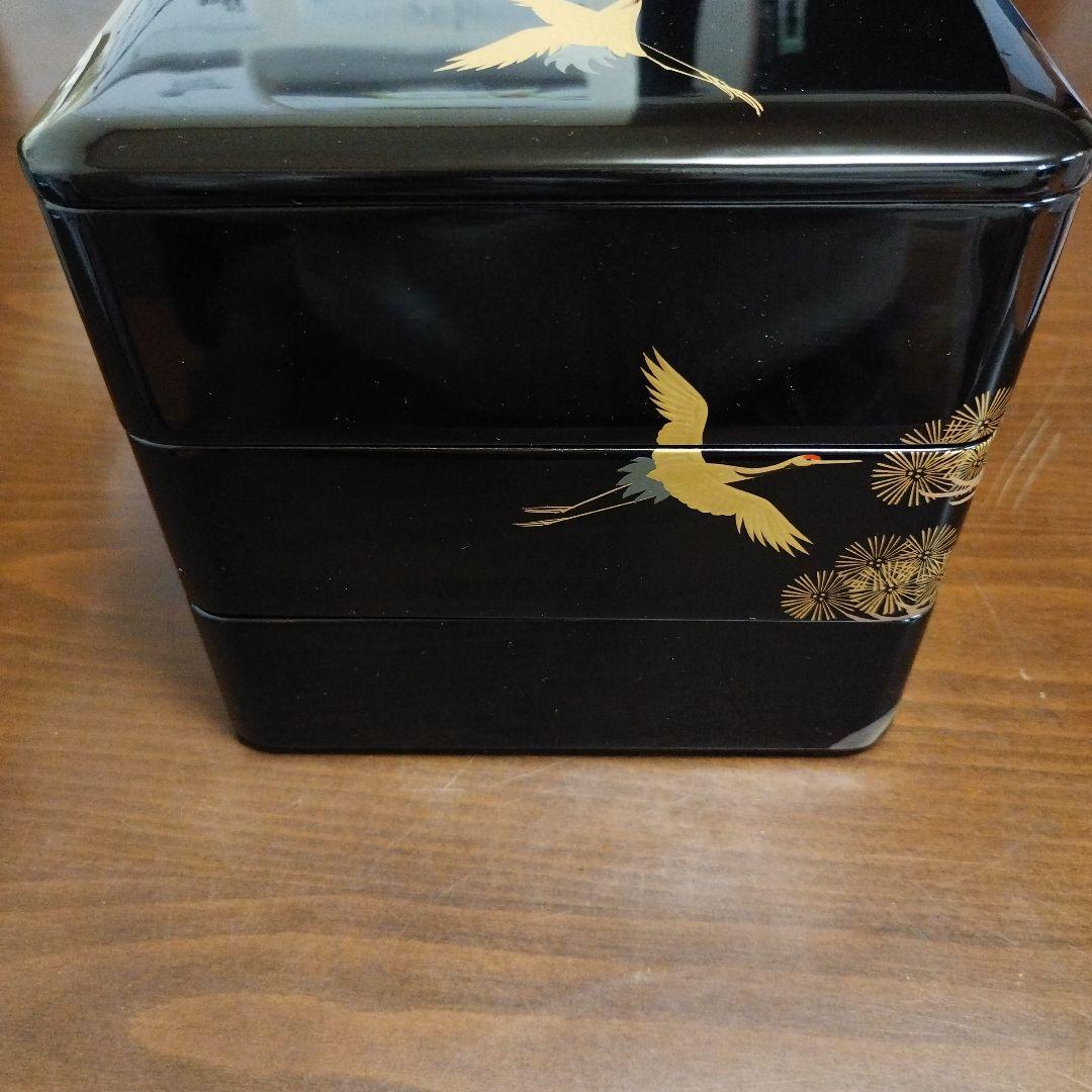 会津塗 漆塗 三段重 目黒廣太謹製 黒内朱 鶴 松 鎹入 漆器
