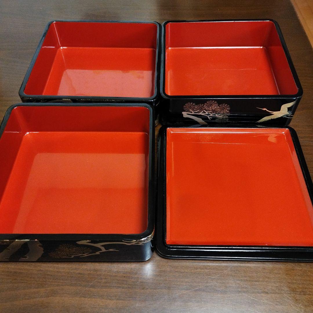 会津塗 漆塗 三段重 目黒廣太謹製 黒内朱 鶴 松 鎹入 漆器