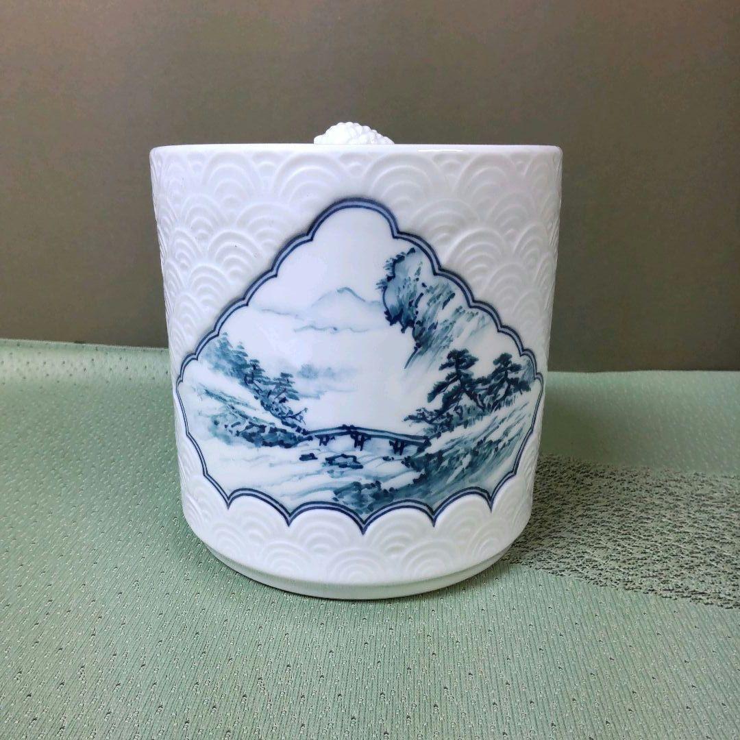 （824）✿特価★有田焼★金武自然作★青海波彫山水画水差【木箱入】破魔オマケ付