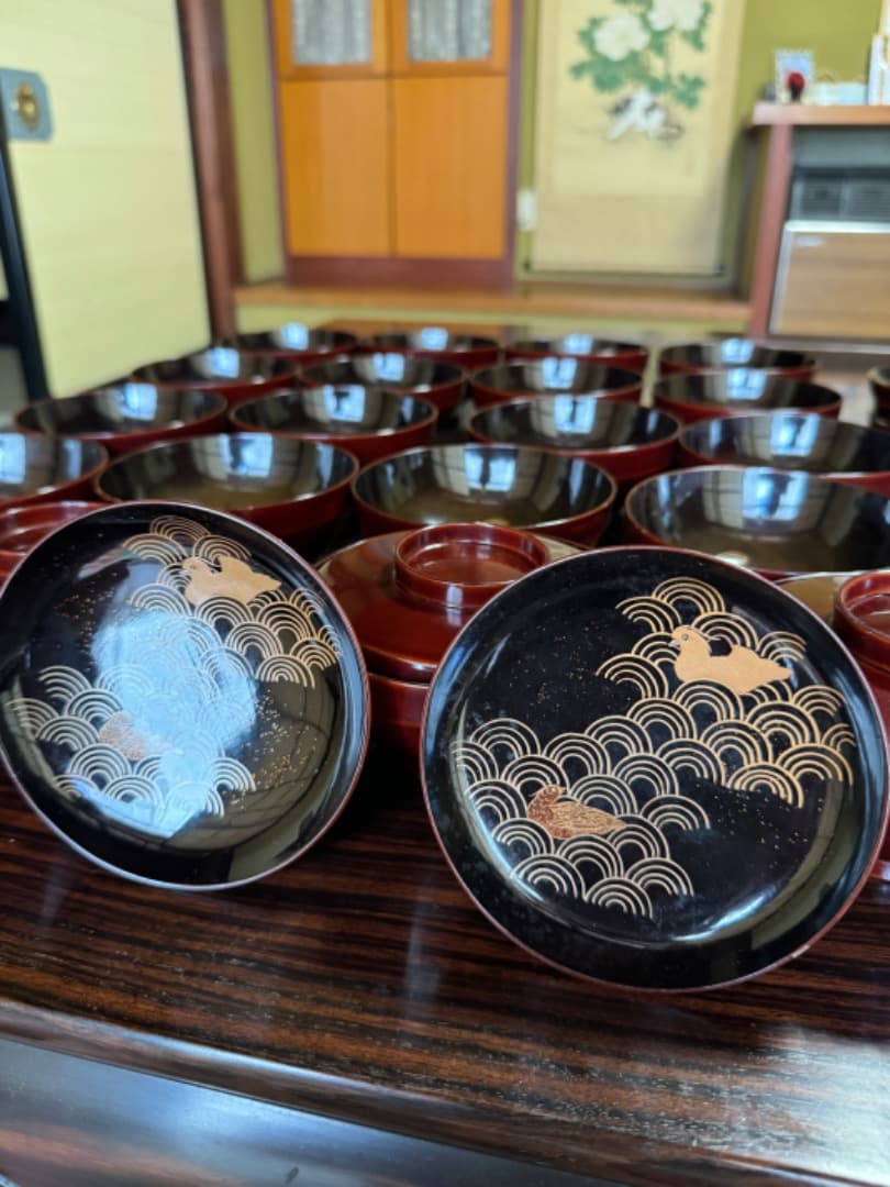 木曽漆器 吸物椀 二十客（蓋付き／江戸後期・手描