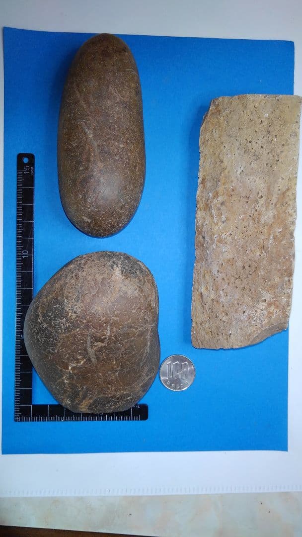 磨石(すりいし)セット　(出土品)　磨石(すりいし)2、礫器(れっき)？