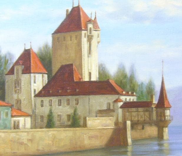 竹内敏彦 絵画 油絵 肉筆油絵 風景画 湖畔 古城 F10