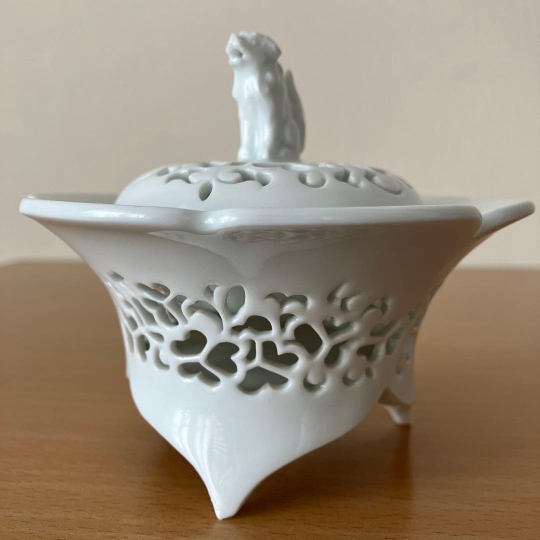【未使用】 杉原一壷作 白磁 香炉 唐草透 三つ足 香道具