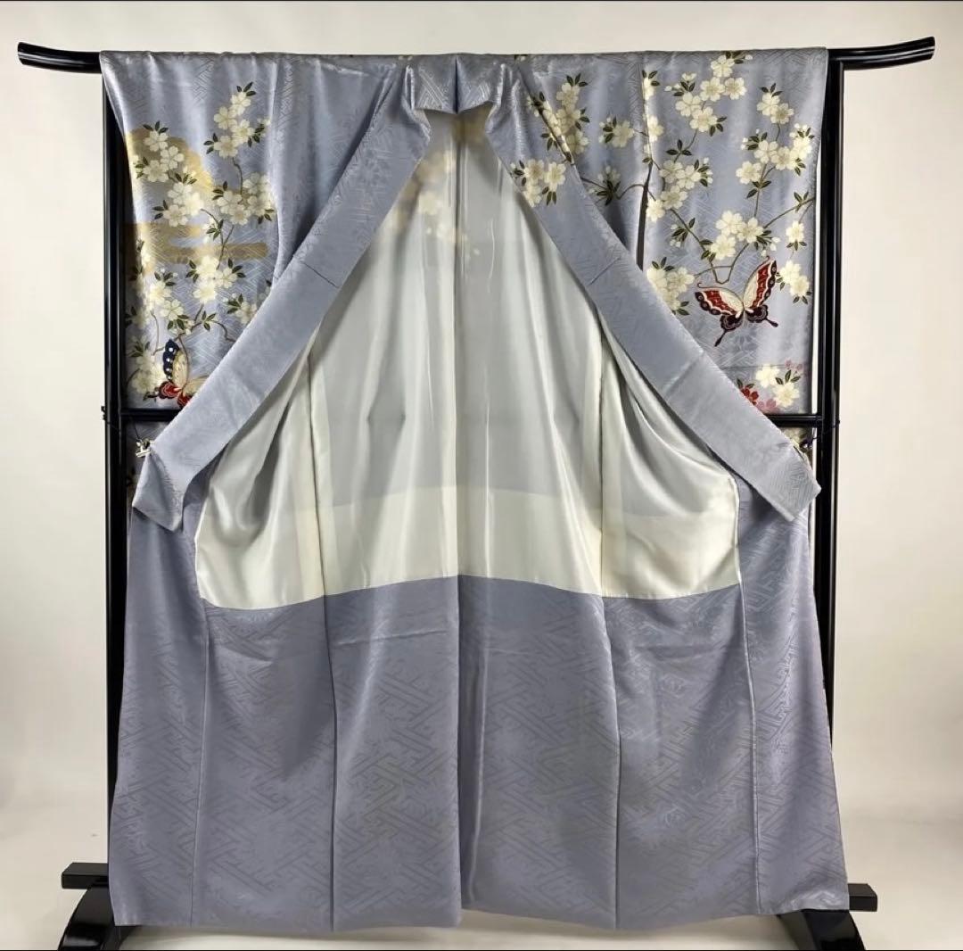 薄紫 水色 花柄 蝶模様 振袖