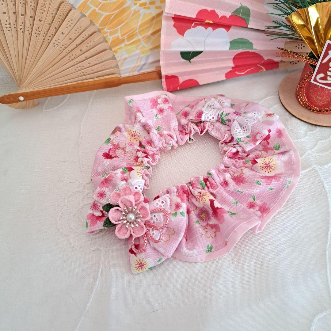 幅広シュシュ、和風妻み細工(ピンク②)わんちゃん猫ちゃん用