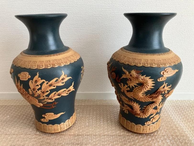 花瓶一対 龍鳳2個セット 紫砂 中国民国 夏永君製