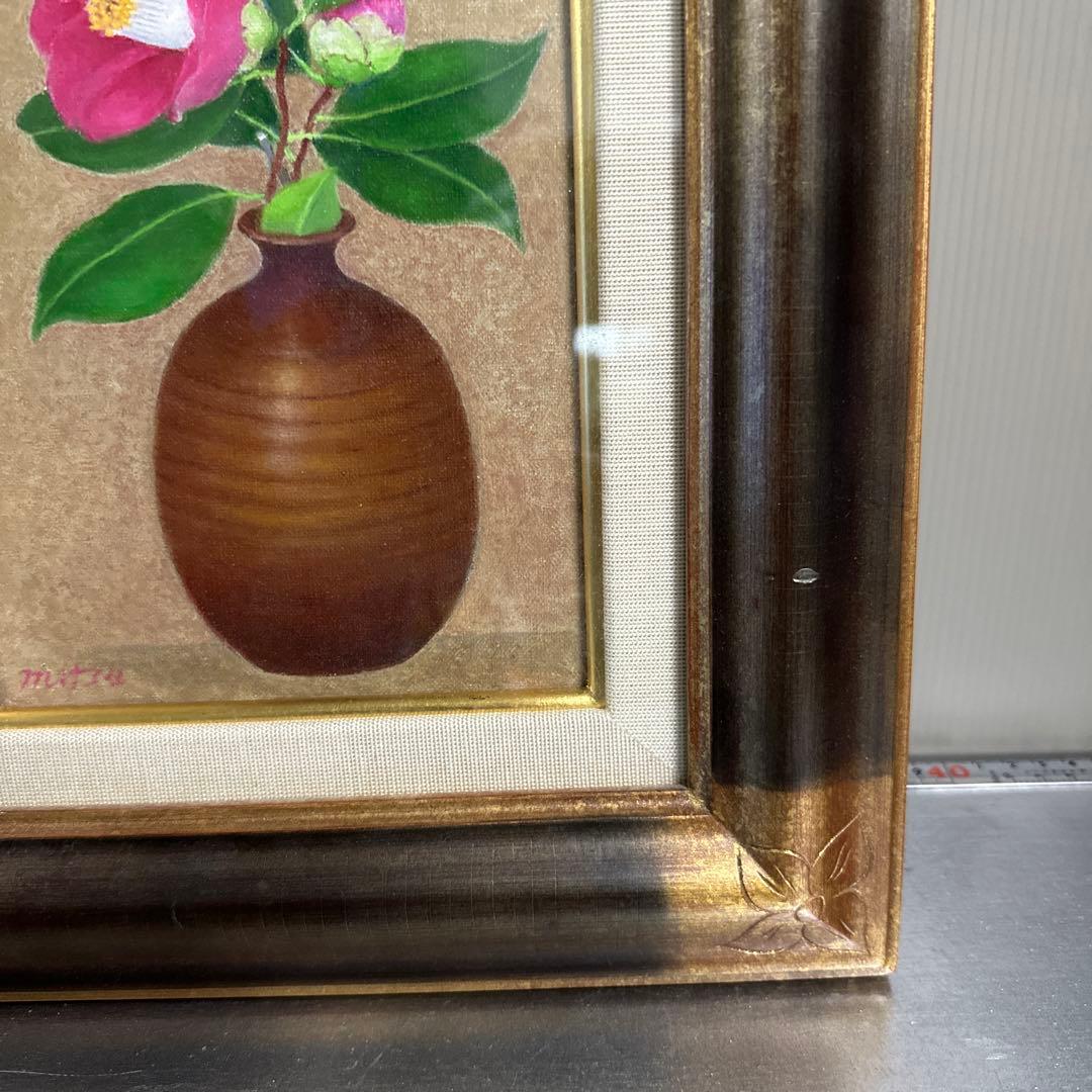 人間国宝、井上萬二、真作。椿。油彩額装、SM.号。