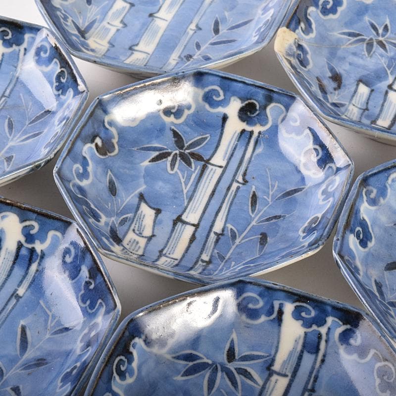 伊万里焼　古伊万里　染付　竹文　八角小皿　七客　時代箱付　C　R7593