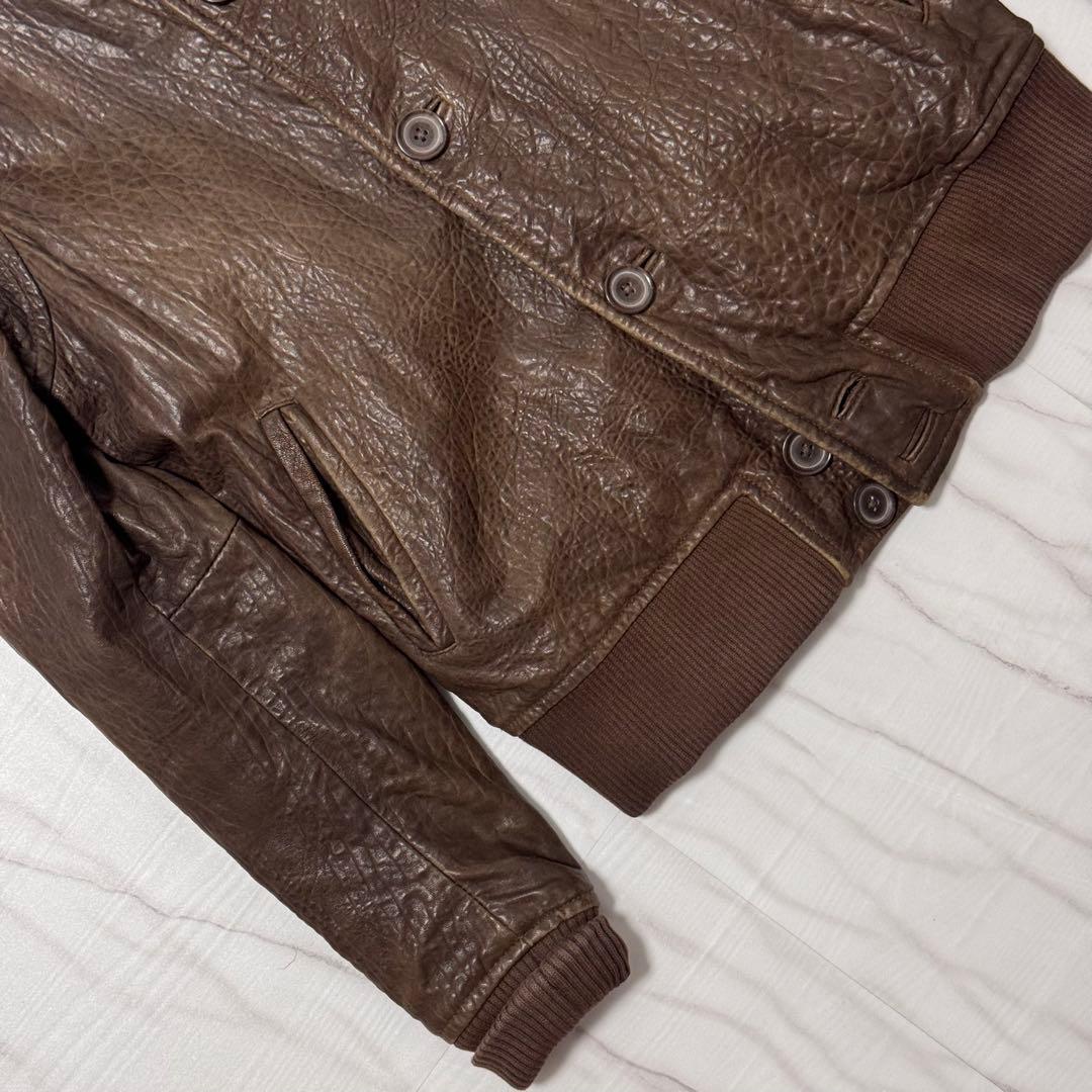 デンハム レザーブルゾン ショールカラー ボタン ブラウン Mサイズ 本革 リブ