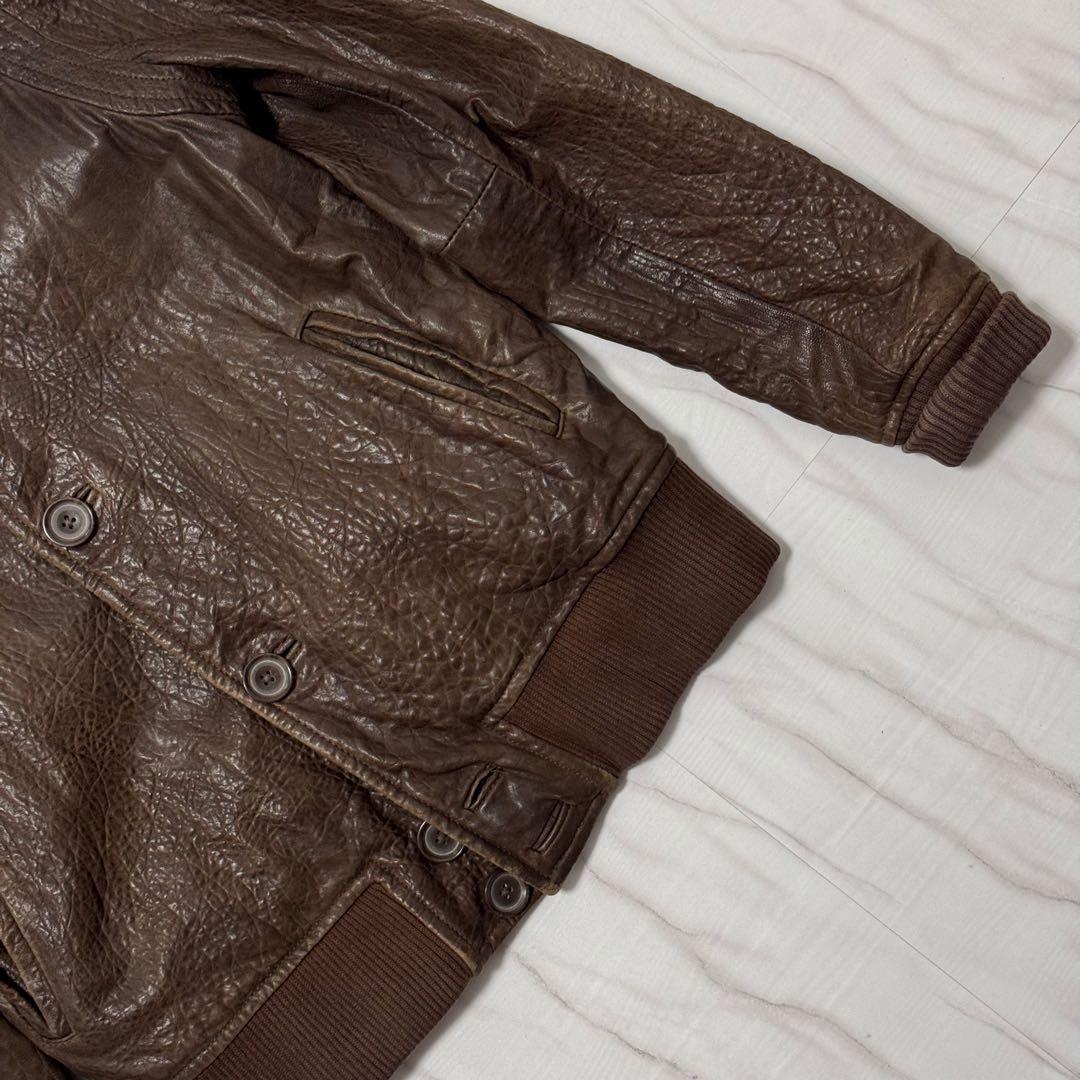 デンハム レザーブルゾン ショールカラー ボタン ブラウン Mサイズ 本革 リブ