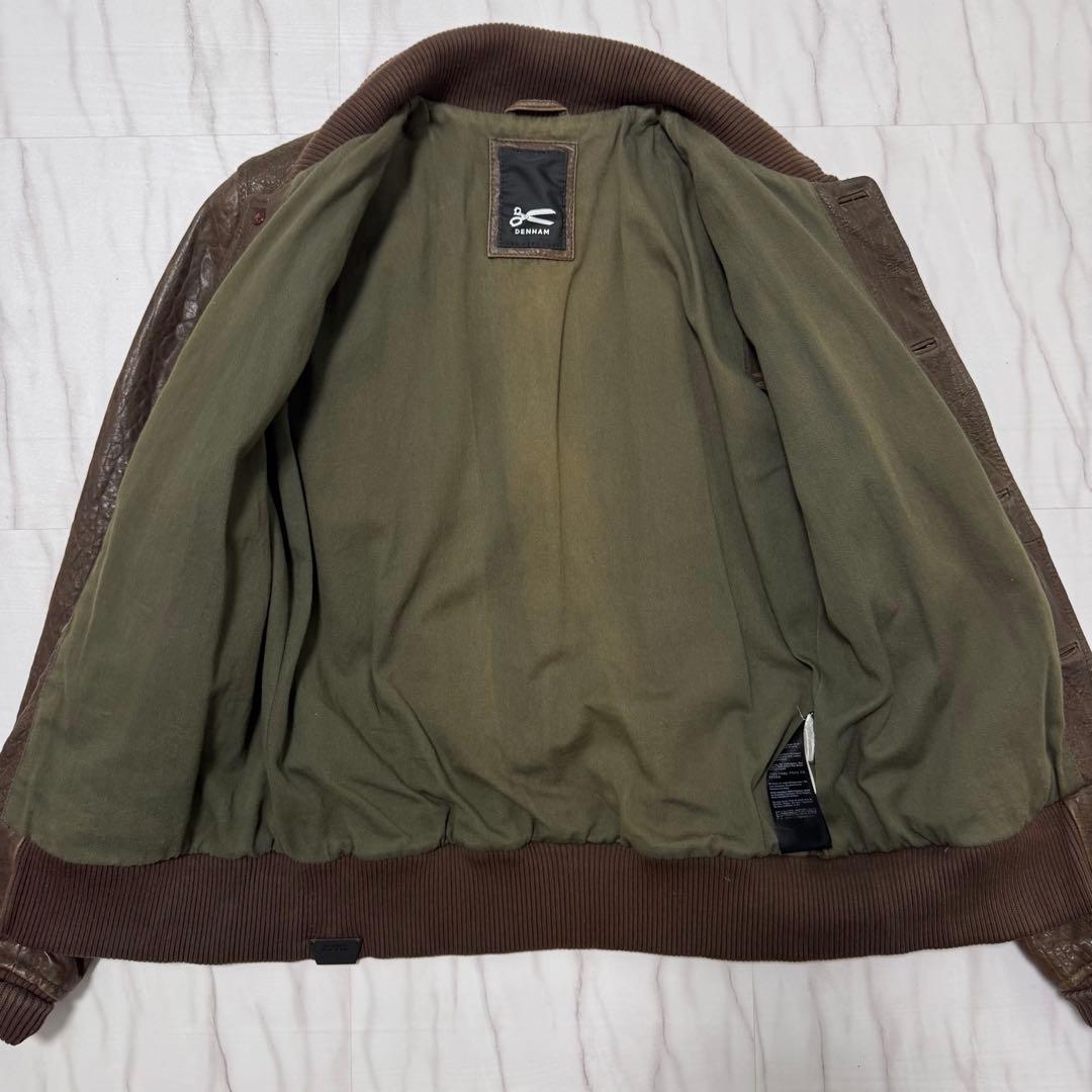 デンハム レザーブルゾン ショールカラー ボタン ブラウン Mサイズ 本革 リブ