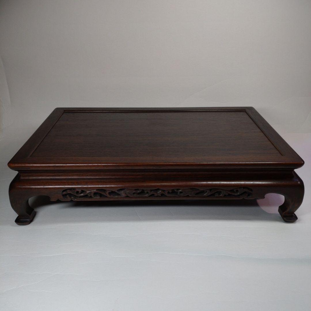 吉勝作　長方型 龍図透かし細工 唐木 平卓 花台／大阪唐木指物