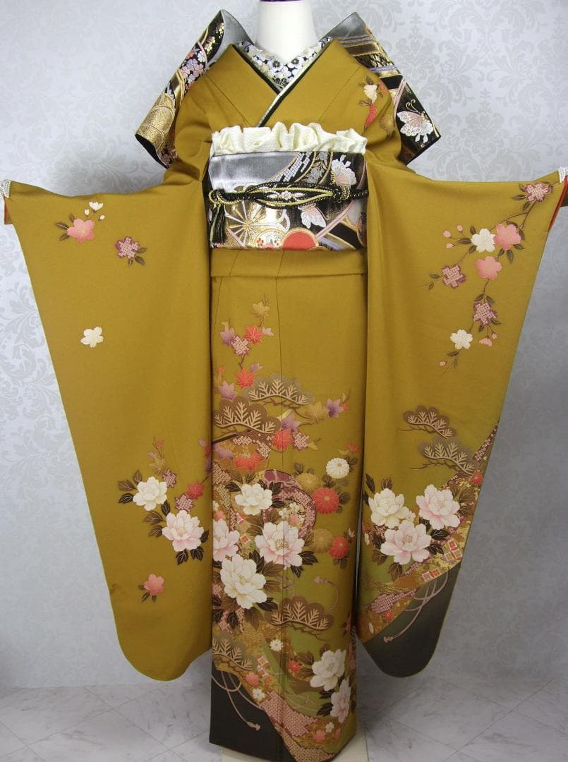 古典柄に牡丹の染め 芥子色 振袖フルセット 成人式 m14