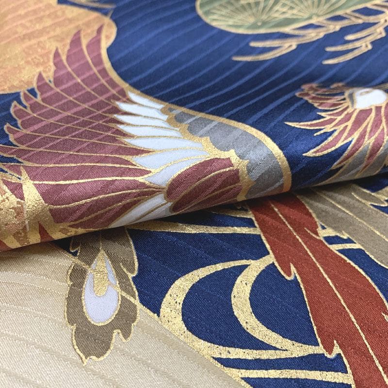 601z12〇古典柄 振袖 紺色 地紋 金彩 鳳凰 松〇美品 成人式 結婚式