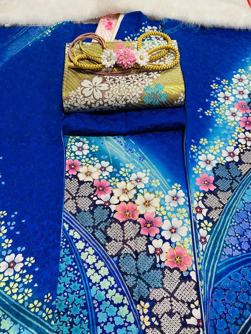 ロイヤルブルーの貴賓溢れるお振袖 25点完全フルセット　未使用