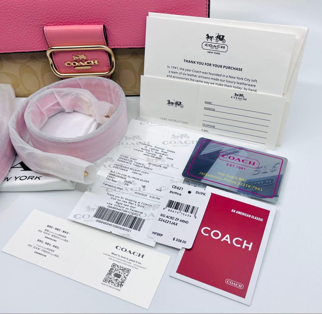 【新品・未使用】COACH シグネチャー ピンク フラップ ショルダーバッグ
