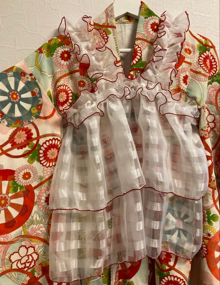 チュール　被布　エプロン　七五三　紅白　女の子　レトロ　着物　フリル　赤　白